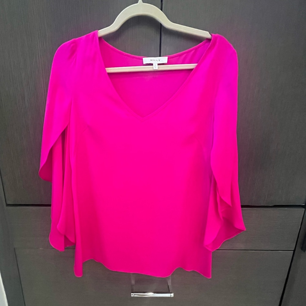 Milly size 6 magenta silk flutter sleeve top, worn twice. Perfect condition!